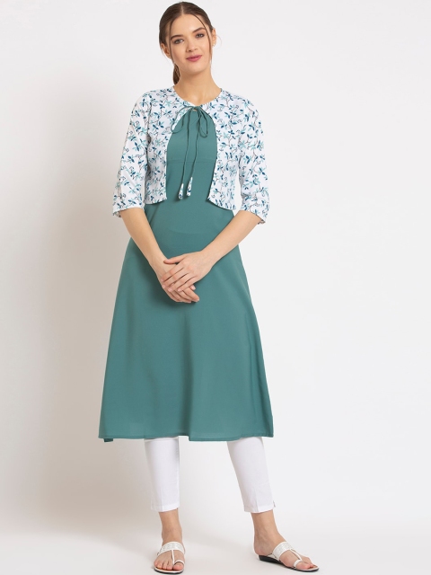 

ALC Creations Women Blue Keyhole Neck Crepe Jacquard Crepe Kurta