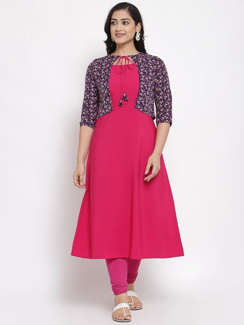 

ALC Creations Women Pink Embroidered Extended Sleeves Crepe Jacquard Crepe Kurta
