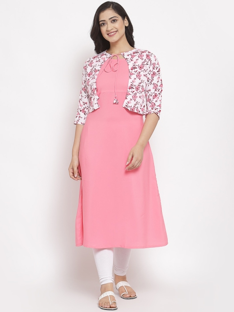 

ALC Creations Women Pink & White Floral Printed Thread Work Crepe Jacquard Crepe Kurta