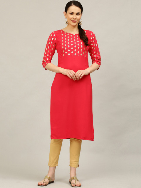 

ALC Creations Women Peach-Coloured & Gold-Toned Geometric Yoke Design Kurta