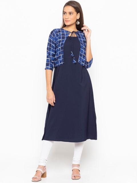 

ALC Creations Women Navy Blue Geometric Crepe Jacquard Crepe Kurta