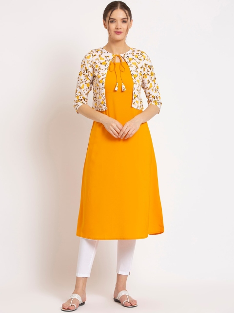 

ALC Creations Women Yellow & White Printed Crepe Jacquard Crepe Kurta