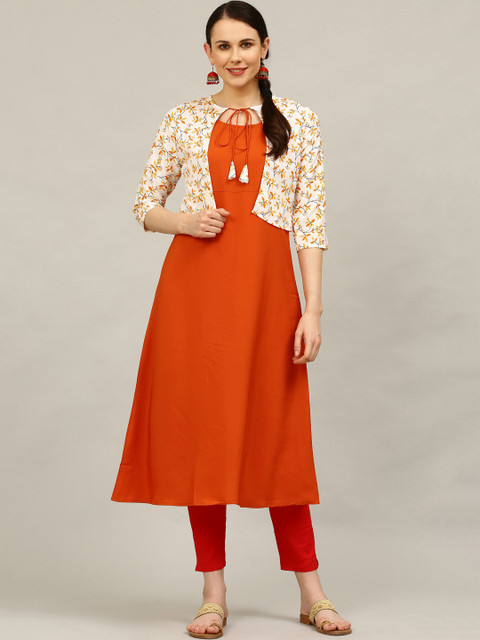 

ALC Creations Women Orange Crepe Jacquard Crepe Kurta With Jacket