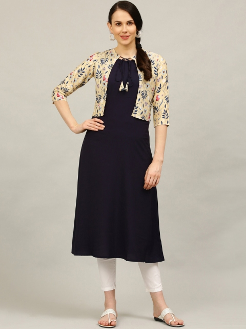 

ALC Creations Women Navy Blue & Beige Floral Printed Straight Kurta with Jacket