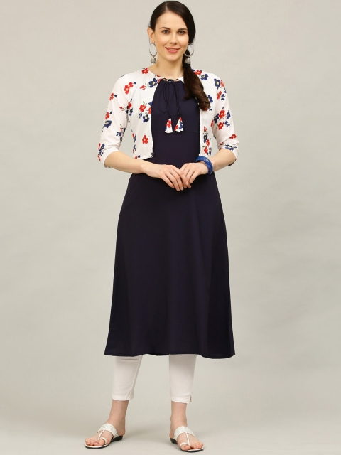 

ALC Creations Women Navy Blue Floral Printed Crepe Jacquard Crepe Kurta