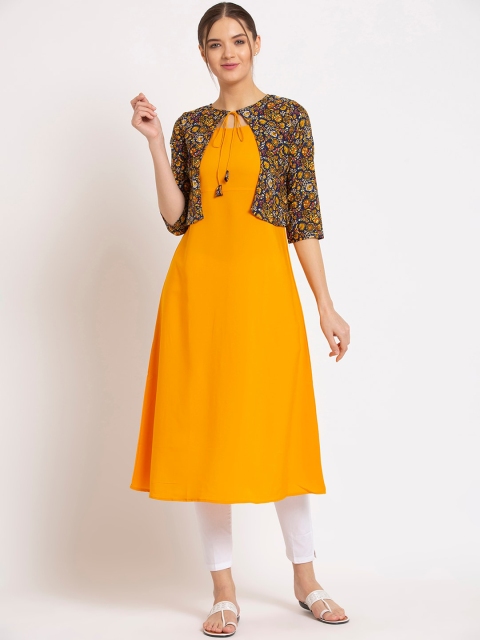 

ALC Creations Women Yellow Floral Printed Crepe Jacquard Crepe Kurta