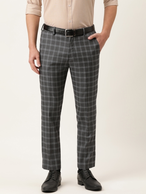 

Peter England Men Grey Carrot Fit Checked Formal Trousers