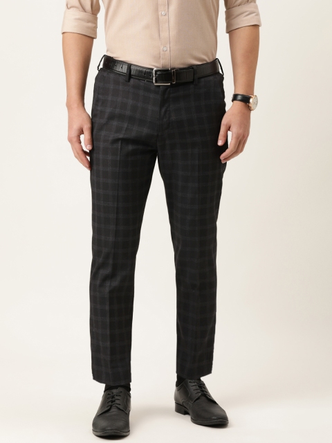 

Peter England Men Black Carrot Fit Checked Formal Trousers