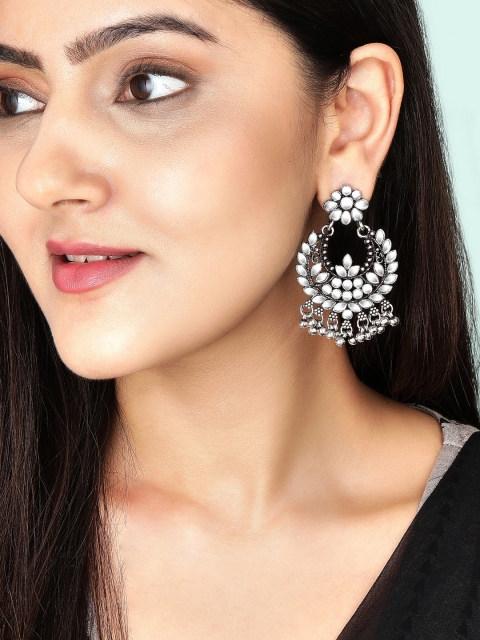 

Rubans Silver-Toned & White Stone Studded Crescent Shaped Drop Earrings