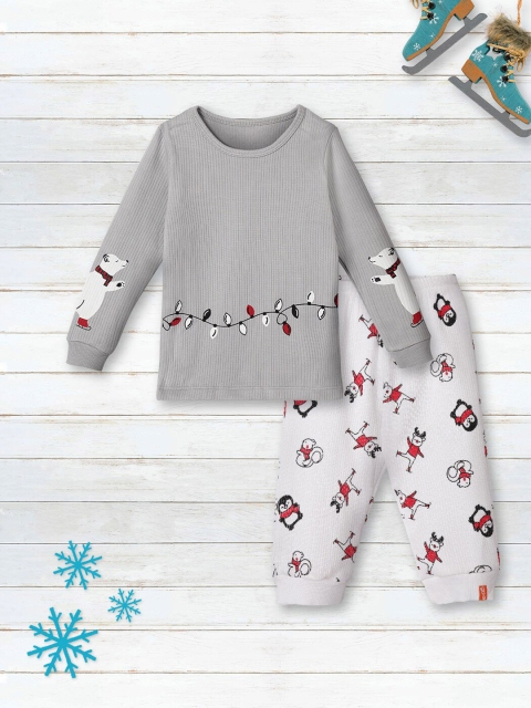 

You Got Plan B Kids Grey & White Printed Slim-Fit Thermal Set