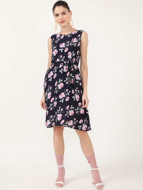 

V2 Value & Variety Black & Pink Floral Printed Fit & Flared Dress