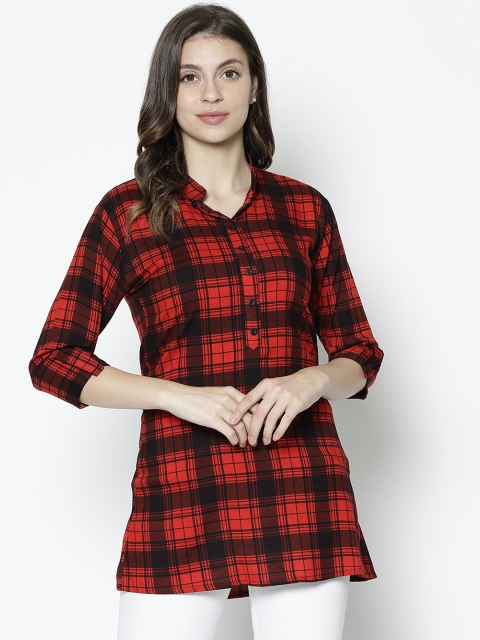 

V2 Value & Variety Red & Black Checked Mandarin Collar Roll-Up Sleeves Regular Top