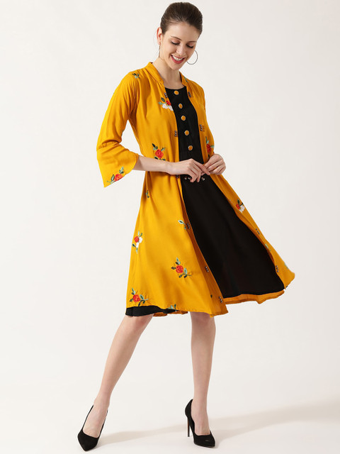 

V2 Value & Variety Mustard Yellow & Black Floral Embroidered A-Line Dress