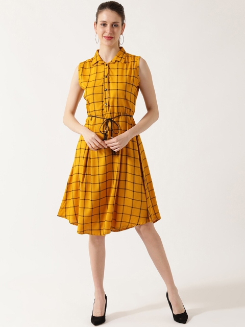 

V2 Value & Variety Mustard Yellow & Black Checked A-Line Dress