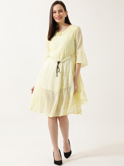 

V2 Value & Variety Yellow Embriodered A-Line Midi Dress
