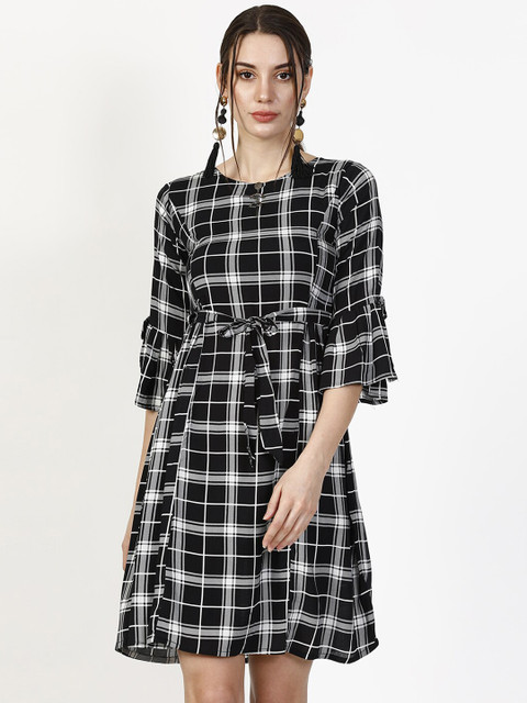 

V2 Value & Variety Black & Off White Checked A-Line Dress
