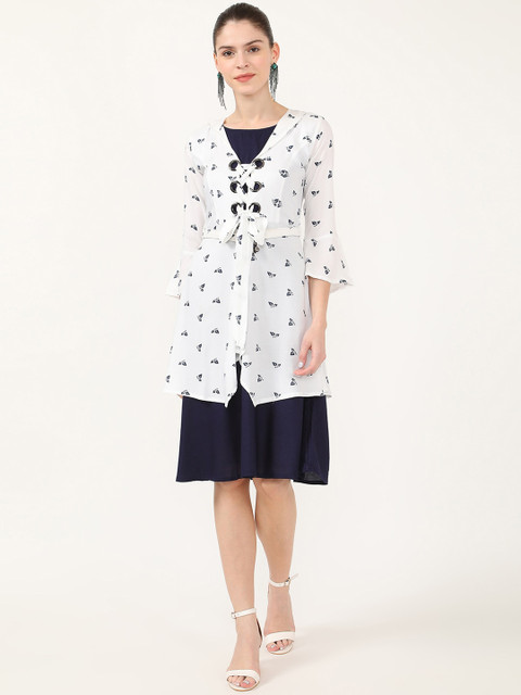 

V2 Value & Variety White & Navy Blue Layered A-Line Dress