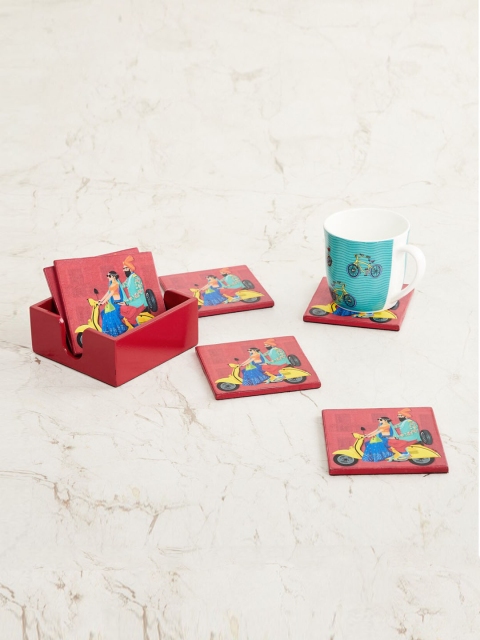 

Home Centre Set of 6 Printed Square-Shaped Coasters, Red
