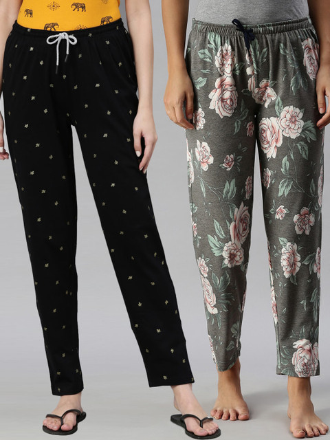 

Kryptic Women Pack of 2 Black & Grey Melange Cotton Lounge Pants