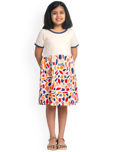 

You Got Plan B Girls White & Red Terrazo Printed Pure Cotton A-Line Dress