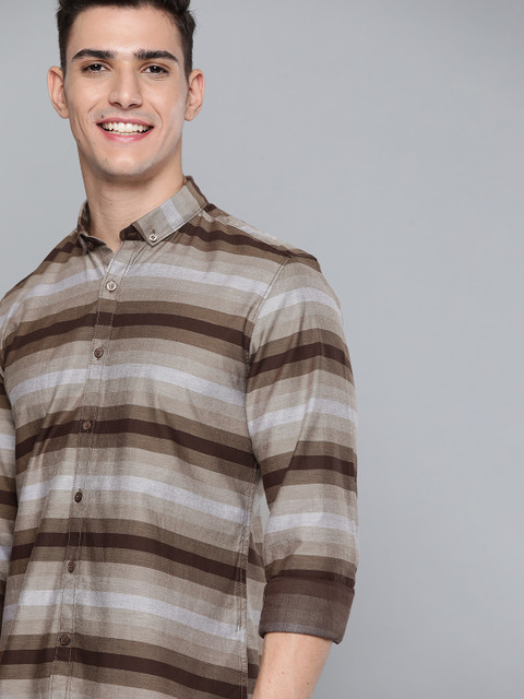 

Mast & Harbour Men Brown & Beige Cotton Striped Casual Shirt