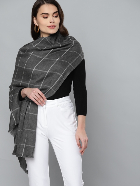 

Femella Women Charcoal Grey & White Checked Cotton Scarf