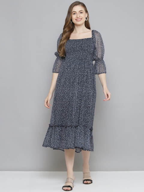

Femella Navy Blue Floral Print Smocked Empire Midi Dress