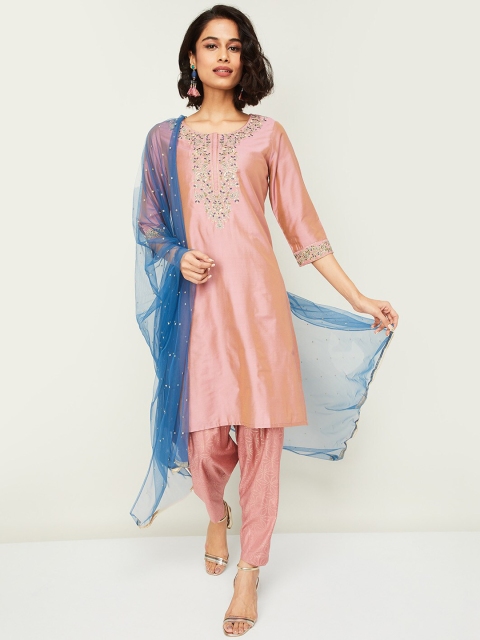 

Melange by Lifestyle Women Pink Yoke Design Regular Thread Work Kurta with Trousers & With Dupatta