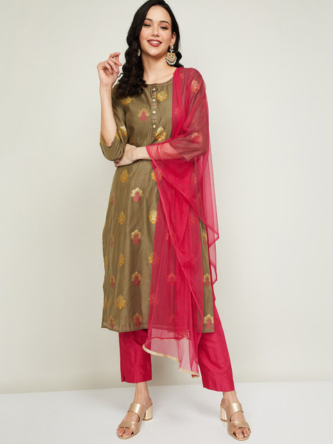 

Melange by Lifestyle Women Grey Ethnic Motifs Woven Design Kurta with Churidar & Dupatta