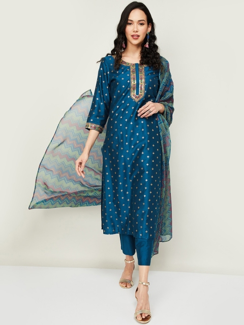

Melange by Lifestyle Women Navy Blue Ethnic Motifs Printed Regular Kurta with Trousers & With Dupatta
