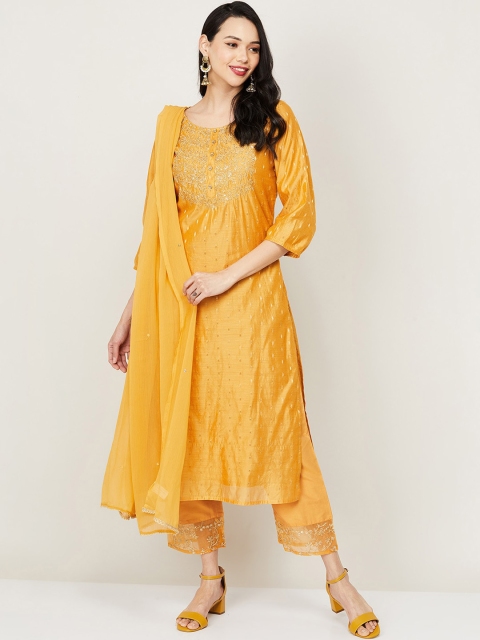 

Melange by Lifestyle Women Orange Embroidered Regular Kurti with Trousers & Dupatta
