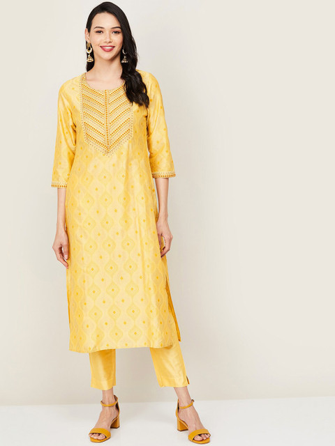 

Melange by Lifestyle Women Yellow Yoke Design Regular Thread Work Kurta with Trousers & With Dupatta