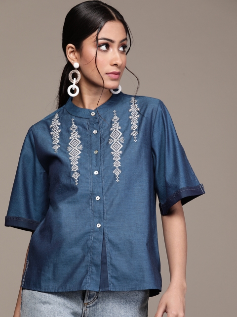 

aarke Ritu Kumar Blue & White Ethnic Motifs Yoke Embroidered Chambray Cotton Top