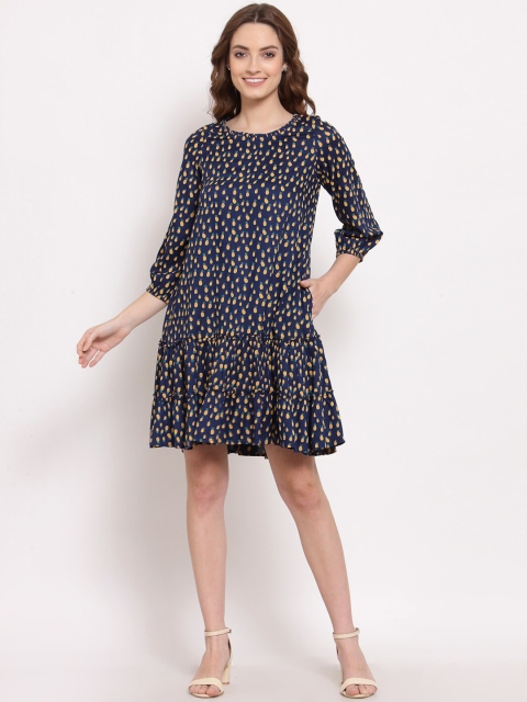 

TERQUOIS Navy Blue Floral Drop-Waist Dress