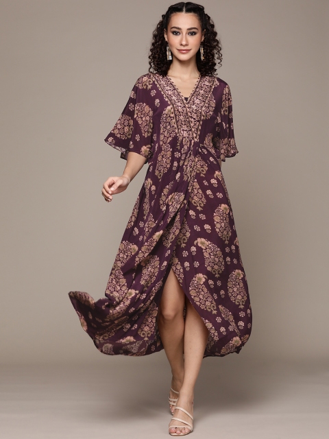 Ritu Kumar Purple Ethnic Motifs Crepe A-Line Midi Dress - buy at the ...