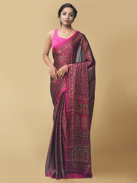 

Unnati Silks Pink & Olive Green Floral Bhagalpuri Art Silk Saree