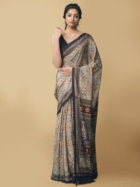 

Unnati Silks Cream-Coloured & Black Floral Art Silk Patola Saree