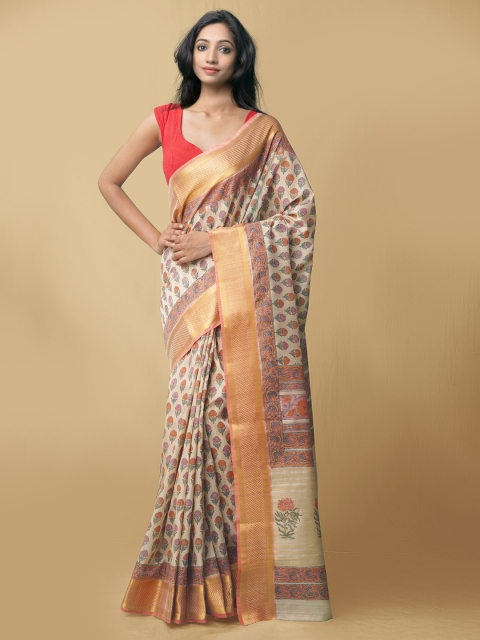 

Unnati Silks Women Off White & Brown Maheshwari Jute Sico Saree