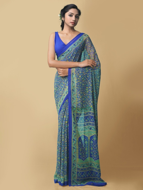 

Unnati Silks Women Blue & Sea Green Printed Georgette Saree