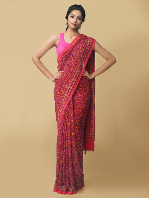 

Unnati Silks Red & Orange Floral Block Print Art Silk Saree