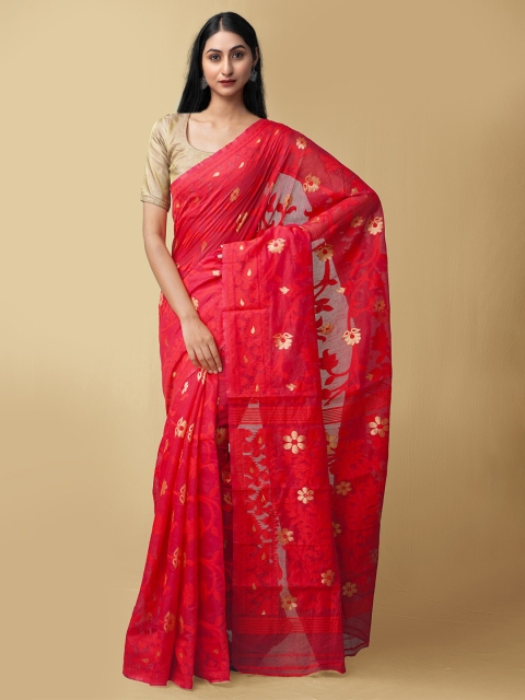 

Unnati Silks Red & Gold-Toned Floral Silk Cotton Dhaka Jamdani Saree