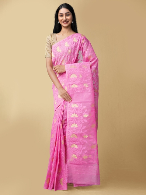 

Unnati Silks Women Pink & Gold-Toned Pure Handloom Bengal Tant Cotton Sustainable Saree