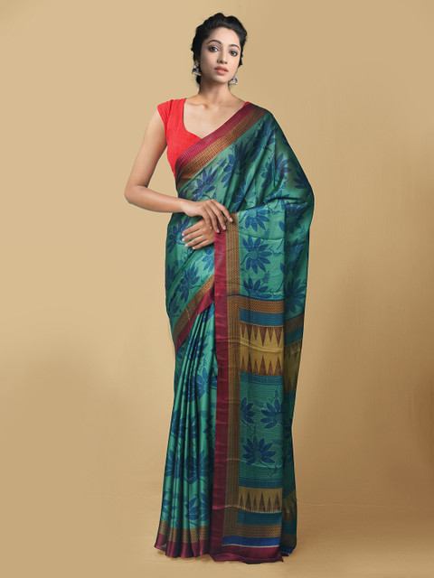 

Unnati Silks Green & Blue Floral Art Silk Bhagalpuri Saree