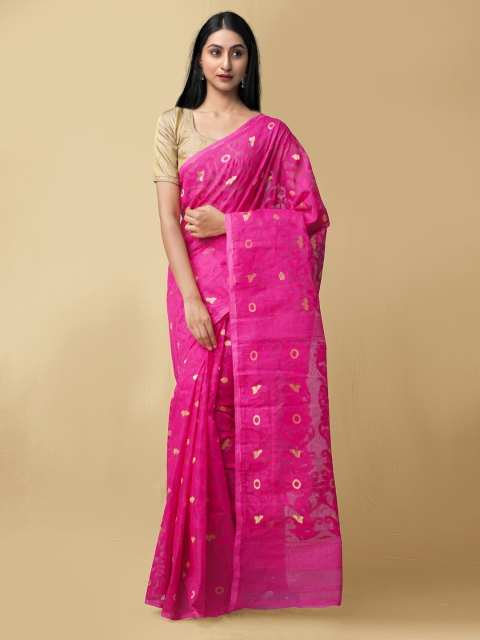 

Unnati Silks Pink & Gold-Toned Floral Zari Pure Cotton Taant Saree