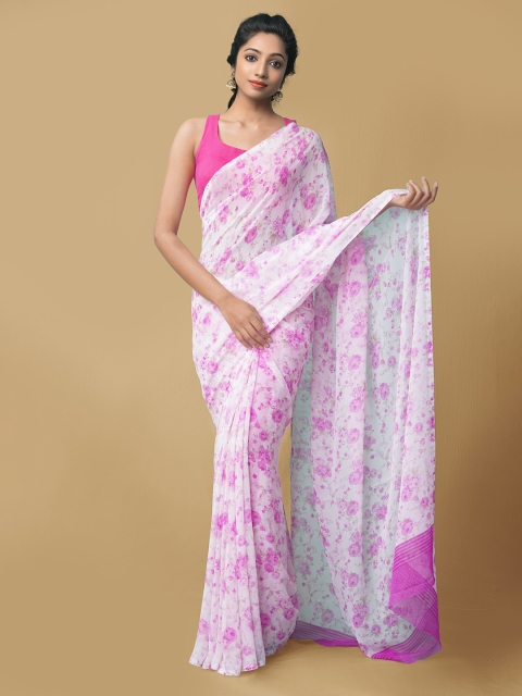

Unnati Silks Cream-Coloured & Purple Floral Printed Georgette Saree