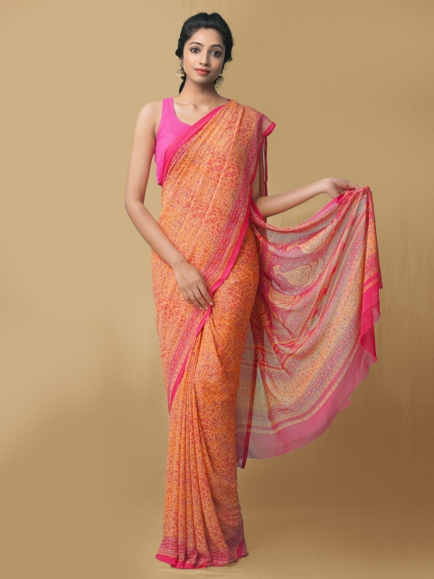 

Unnati Silks Orange & Pink Floral Printed Art Silk Block Print Saree