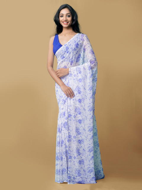 

Unnati Silks White & Blue Floral Art Silk Block Print Saree