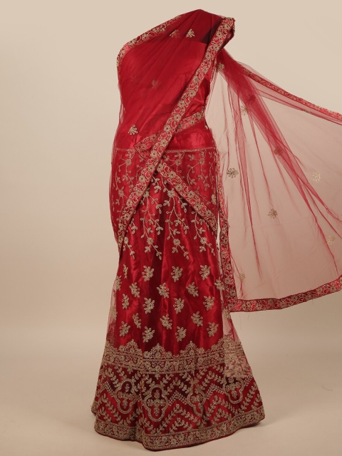 

Pothys Woman Maroon & Gold-Toned Embroidered Unstitched Lehenga & Blouse With Dupatta