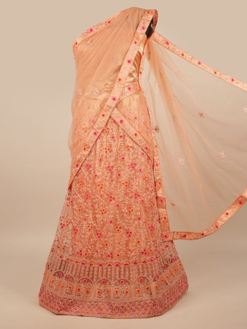 

Pothys Peach-Coloured & Gold-Toned Embroidered Zardozi Unstitched Lehenga & Blouse With Dupatta