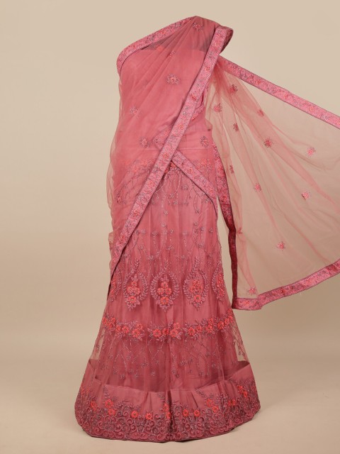 

Pothys Pink & Orange Embroidered Unstitched Lehenga & Blouse With Dupatta